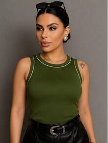 Women's Basic Tank Top With Detail Elegant Blouse Ribbed Fabric Promotion Black/Beige/Chocolate - Army Green - View 4
