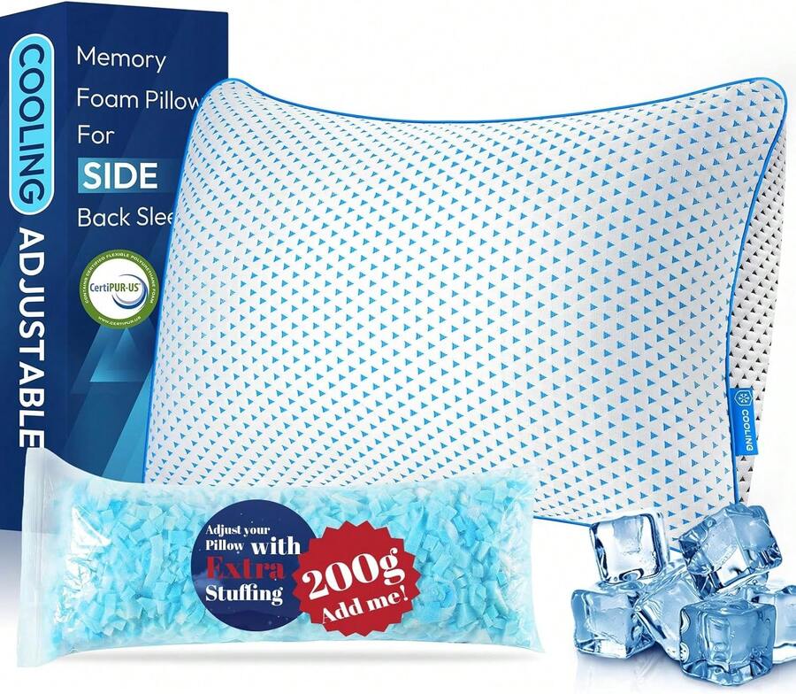 Adjustable Cooling Gel Memory Foam Pillows Queen Size For Sleeping 1 Pack,Firm Thick Bamboo Rayon Shredded Foam Bed Pillows For Side, Back, Stomach Sleepers Washable Breathable Pillowcase,College Dorm - Đen và trắng - Xem 1
