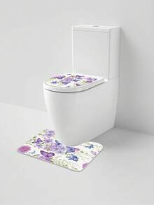 1/4pcs Purple Watercolor Butterfly Print Shower Curtain, Waterproof Polyester Material, Simple Style Home Decor Shower Curtain Set Include Toilet Seat Cover, U-Shaped Mat, Anti-Slip Bath Mat Back To School Bathroom Decor