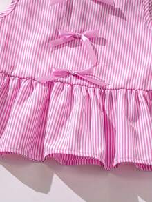 2 Piezas Conjunto de Fiesta y Verano: Parte superior con cuello redondo a rayas, volantes y lazo + Pantalones cortos a rayas con cordón y decoración de mariposa, adecuado para uso en exteriores - Rosa - Ver 6
