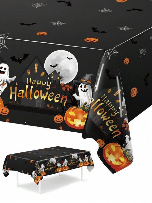 1 pièce Nappe de table thème Halloween, motif citrouille et fantôme sur fond noir pour décoration de table de fête Halloween, nappe de table de fête, décoration de table Halloween, nappe de décoration de table de fête, décorations de fond de fête, décoration de table de cuisine, décoration d'intérieur, décoration de salle, décoration de scène de fête, faveurs de fête, décoration Halloween, cadeaux de fête Halloween