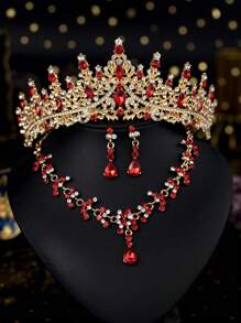 4pcs/Set Girls Children Rhinestone Alloy Crown Necklace Earrings Jewelry Set, Holiday Decoration Accessories, Suitable For Performing, Birthday Party, Suitable For Older Kids And Toddlers