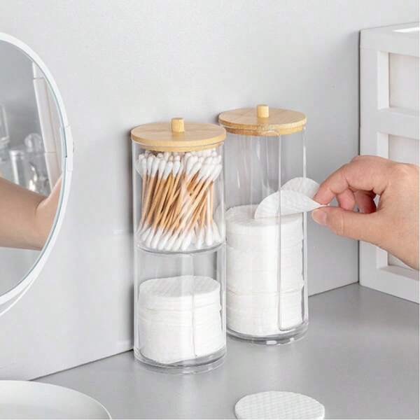 1 Stück 2-in-1 runde Reinigungsstäbchen Box, Bambus Deckel Kosmetik Aufbewahrungsbox, abnehmbare transparente Make-up Organizer, Schreibtisch Organizer mit Deckel für Weichpolster