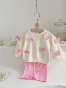 2 件套女婴可爱 3D 蝴蝶结长袖卫衣 + 裤子套装，春秋装 - 米色 - 查看 2