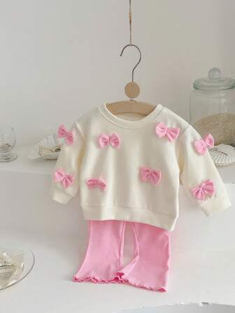 2 st/set babyflickor söt 3D-rosett långärmad tröja + byxor, vår/höst