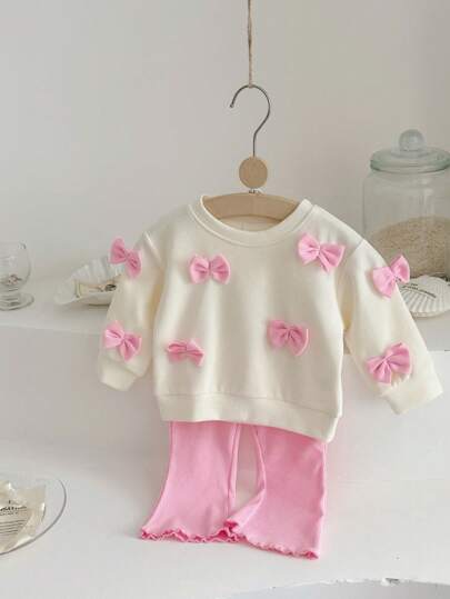 2 件套女婴可爱 3D 蝴蝶结长袖卫衣 + 裤子套装，春秋装