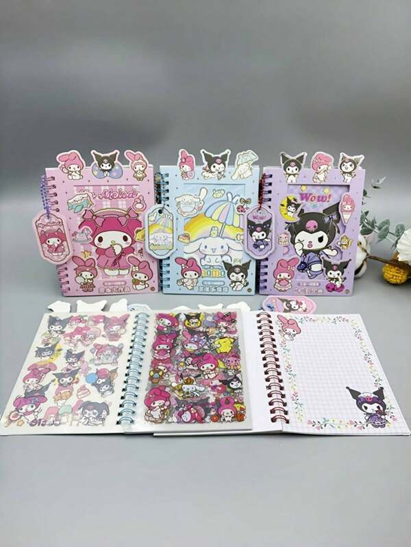 Sanrio 1/4 piezas Juego de pegatinas de Kuromi, MyMelody, Cinnamoroll - Adorable kit de manualidades con cuaderno de espiral, colgantes y artículos de papelería como regalo para adolescentes