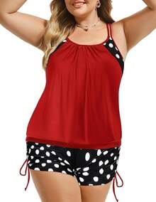 Womens Plus Size Striped Printed Strappy Tankini Top With Shorts Two Pieces Swimsuit - Red - View 3