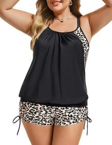 Tankini de talla grande para mujer con parte superior estampada a rayas y tirantes, con shorts, conjunto de dos piezas de traje de baño - Leopardo - Ver 2