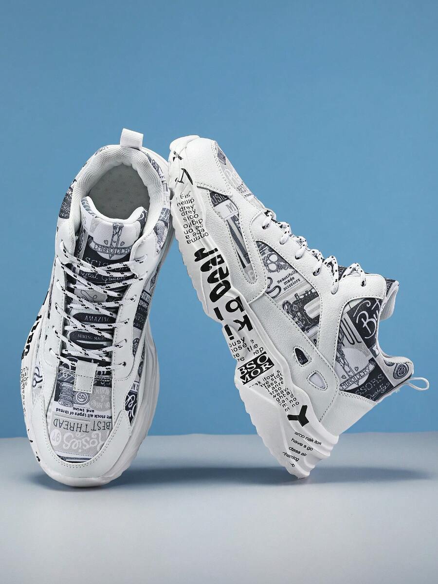 Men's Fashion Letter Pattern Color Block Graffiti Random Print Lace-Up Round Toe Chunky Sneakers, Personalized Casual Teenagers Campus Comfortable Athletic Shoes