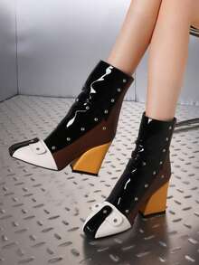 Women's Chunky Heel Ankle Boots Fashion Slip On Patent Leather Rivet Short Boots Square Toe Back Zipper Biker Boots For Women - 拼色 - 查看 2