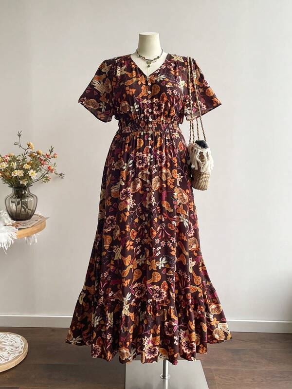 Rusttydustty Damen Große Größen V-Ausschnitt Zweireihig Lässig Lang Kleid, Boho Ostern Strand Outfits Hawaii Coachella Musikfestival Tropischer Urlaub