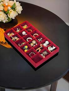 9/1 Pc, Burgundy Velvet Jewelry Tray, Large Capacity Jewelry Storage Box, Independent Compartments, Stackable Jewelry Display Stand, Can Hold Earrings, Necklaces, Bracelets, Rings, Hairpins, Hairbands, Etc. Valentine's Day Velvet Jewelry Tray, Makeup Storage Box, - Wine Red Tray - View 30