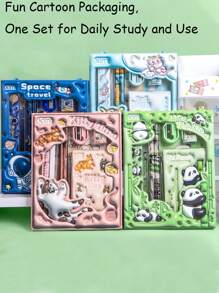 1 Set de suministros de papelería de regalo con diseño de dibujos animados para estudiantes que incluye estuche para lápices, bolsa con cremallera y artículos de papelería en una caja con diseño de regreso a la escuela