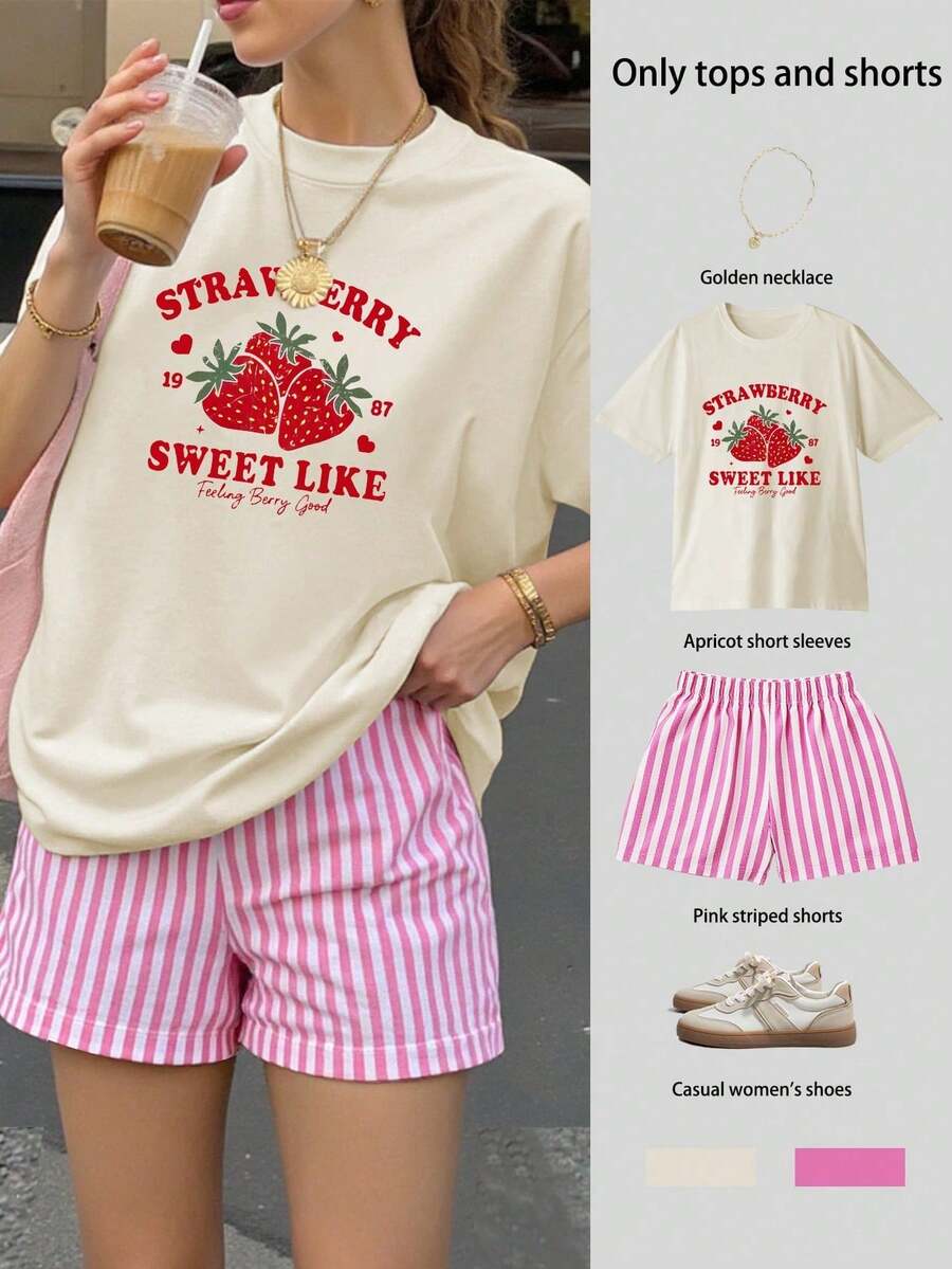 CONJUNTO SHORT ROSA RALLADO Y PLAYERA DIVERSOS DISEÑOS PARA PLAYA O VERANO - fresa roja - Ver 1