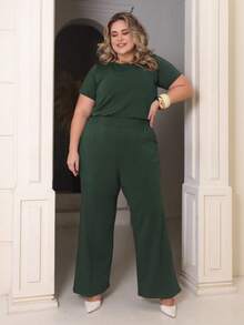 Women's Plus Size Set Of Sweatpants And Short-Sleeved Top - 軍綠色 - 查看 2