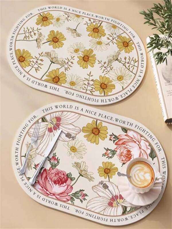 2pcs American Style Floral Print PU Leather Table Placemats, Oil & Water Resistant, Heat Insulation, Easy Cleaning, Suitable For Home, Wedding, Christmas Party Decoration, Coasters 30*45CM