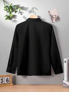 Teenagers Classic Collegiate Casual Party Pocket Patch Detail Black Formal Long Sleeve Shirt - Black - View 3