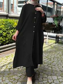 2 件套阿拉伯风格女士圆领纽扣开衩衬衫裙和裤子套装，端庄 - 黑色 - 查看 4