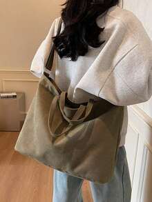 日式大容量绿色帆布托特包，休闲百搭女士单肩包/斜挎包，适合日常使用，办公室，学校，购物，通勤，大学生，年轻专业人士 - 軍綠色 - 查看 4