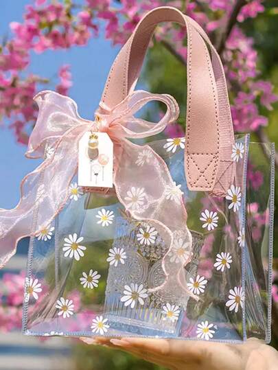 5 bolsas de regalo con estampado de margaritas, bolsas de embalaje de regalo de PVC transparente, bolsas de regalo prácticas para llevar a mano, apropiadas para bodas, pequeños negocios, compras, fiestas, fiestas de cumpleaños y otros embalajes de regalos festivos, regalos de San Valentín y regalos festivos.