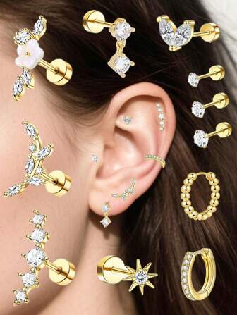 16 件 16G 软骨耳环耳屏穿孔首饰，耳钉耳环螺旋海螺耳钉方晶锆石耳环耳钉小环耳环女士