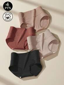 4 peças/conjunto Calcinha de Cintura Alta de Plus Size para Mulheres, Calcinha Triangular de Cor Pura e Controle de Barriga sem Costura, Roupa Íntima Básica