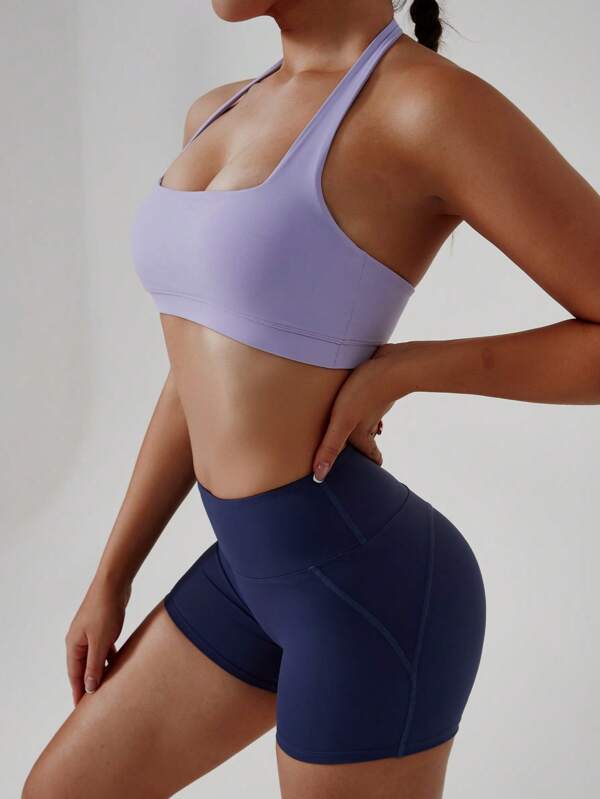 1 Set Women's Sports Style Yoga Outfit, Halter Neck Crop Top & High Waisted Shorts, Lightweight Stretchy Fabric, Suitable For Yoga, Fitness, Gym