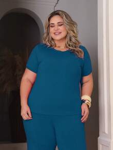 Women's Plus Size Set Of Sweatpants And Short-Sleeved Top - Teal Blue - View 5