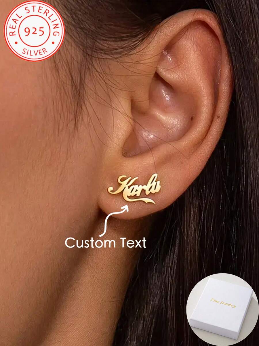 A Pair Of 925 Silver Can Be Customized English Name Earrings, Personalized Simple Letter Earrings, Fashion Simple Style, Daily Wear Ladies Jewelry - Yellow Gold - View 1
