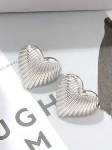 Heart-Shaped Earrings, Heavy Metal Texture, Heart Earrings, Retro Striped Pattern, Women's Heart-Shaped Earrings - Silver - View 2