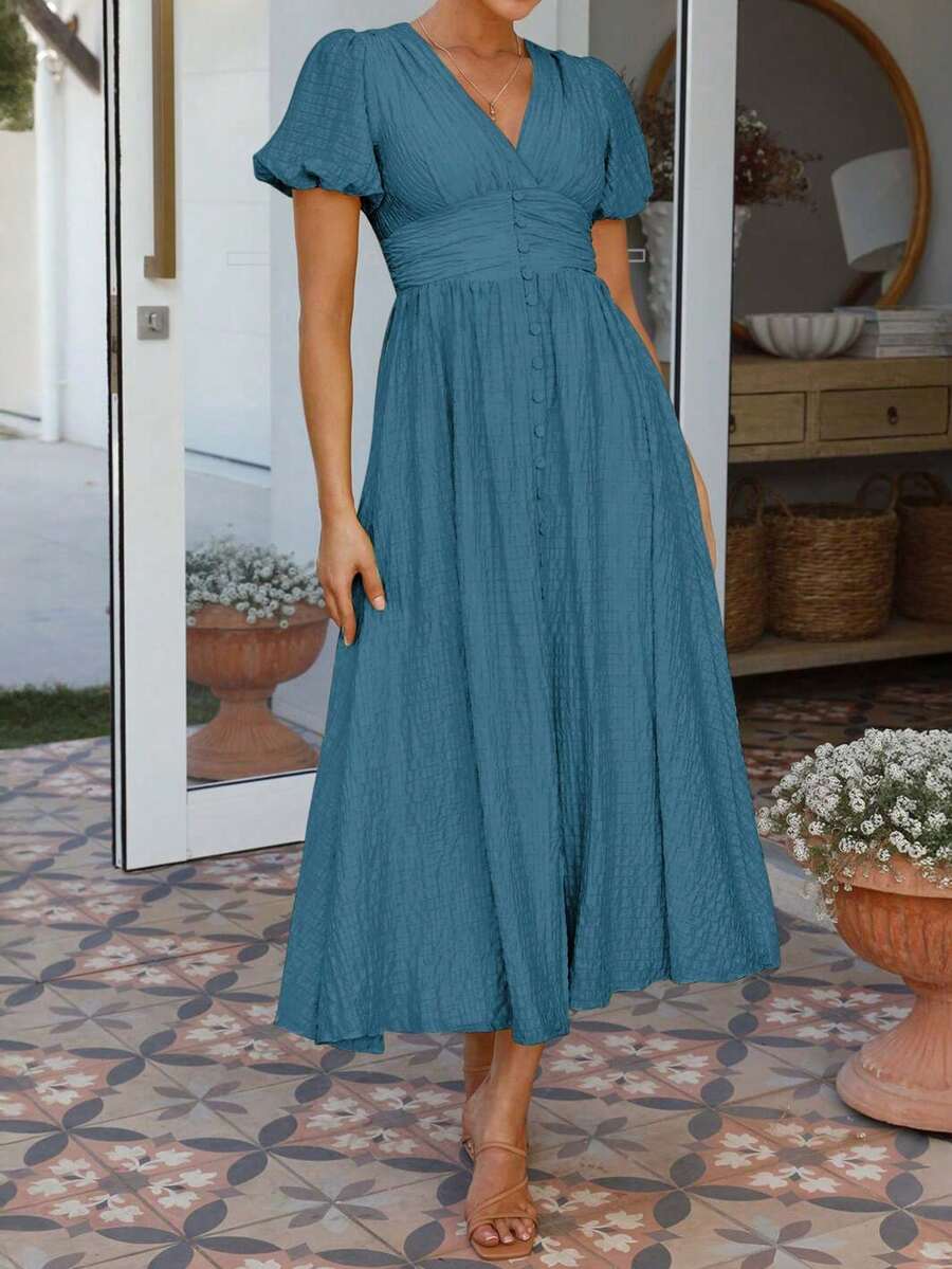 Gaun Wanita PoPoHouse Warna Polos Elegan Leher V Lengan Mengembang, Cocok untuk Pakaian Liburan, Musim Semi/Panas - Baby Blue - View 1