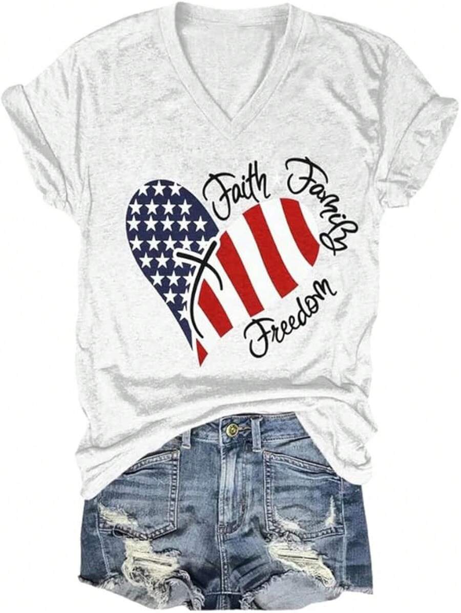 4th Of July V Neck Patriotic T-Shirts Women American Flag Print Faith Family Freedom Letter Casual Short Sleeve Tee Tops Halloween Christmas New Year - 白色 - 查看 1