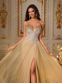 VIPGIRL Vestido de gala de tul con lentejuelas dorado champán, vestido de noche con tirantes finos brillantes, vestido formal con abertura, vestido maxi escote corazón para mujer, vestido de fiesta glamoroso, atuendo para graduación y gala