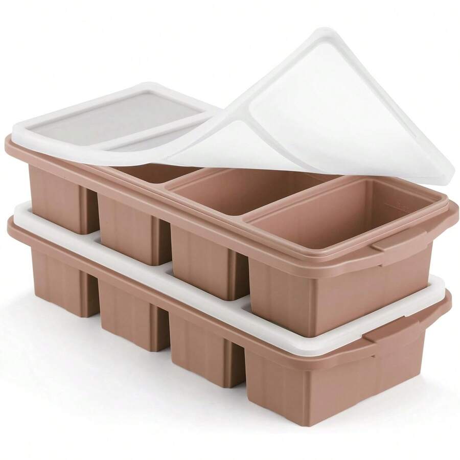 Silicone Freezer Tray With Lid - Silicone Freezer Food Molds- Large Ice Cube Tray,Silicone Freezer Container,Freeze & Store Soup, Sauce, Broth,Leftovers - Makes 4 Perfect 1 Cup - 2Pack-Nâu - Xem 1