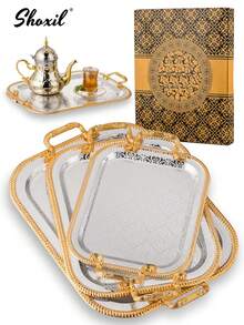 shoxil 1 件中东风格金色镶边托盘带手柄，储物托盘适用于存放咖啡壶和咖啡杯/茶杯，托盘，食物展示盘，用于存放饰品的装饰托盘，适用于客厅展示，餐厅招待，茶室装饰，送礼，咖啡厅装饰 - 托盤 - 查看 9