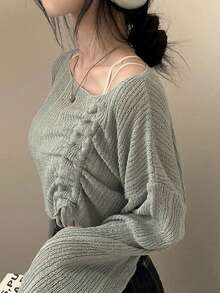 YCYC Women's Korean Style Soft Knit Top With Drawstring Design - Grey - View 5