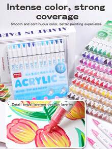 广纳双头高不透明度亚克力马克笔 - 132 种颜色，11 种多功能套装（每套 12 支），软头和凿头，适合分层、混合、艺术家和插画家，非常适合返校 - 彩色 - 查看 9