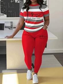 Leisure Color Block Plus Size Two-Piece Set, Crew Neck Long Sleeve Top & Pants Outfits, Heart & Letter Print Women's Clothing - Đỏ - Xem 3