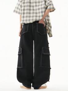 1 quần Jeans Baggy nhiều túi Justice Brother Workwear, Quần ống rộng phong cách Mỹ Hip Hop High Street, Quần ống rộng đa năng cho nam - màu đen - Xem 3