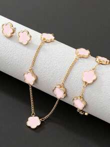 4pcs/Set Lucky Clover & 5-Petal Flower Necklace, Bracelet, Earrings Jewelry Set, Versatile Choker & Chain Earring Valentines,Mom,Mother,Mother's Day,Gift - Baby Pink - View 12