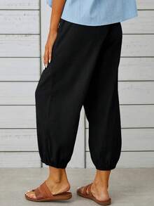 新款宽松高腰纽扣亚麻七分阔腿裤女欧美风 - 黑色2 - 查看 2
