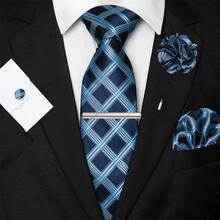 男士蓝色格子条纹领带、口袋巾、银色领带夹、袖扣和翻领别针组合套装，适用于职场、商务、谈判、婚礼、毕业等场合 - 藍色 - 查看 12