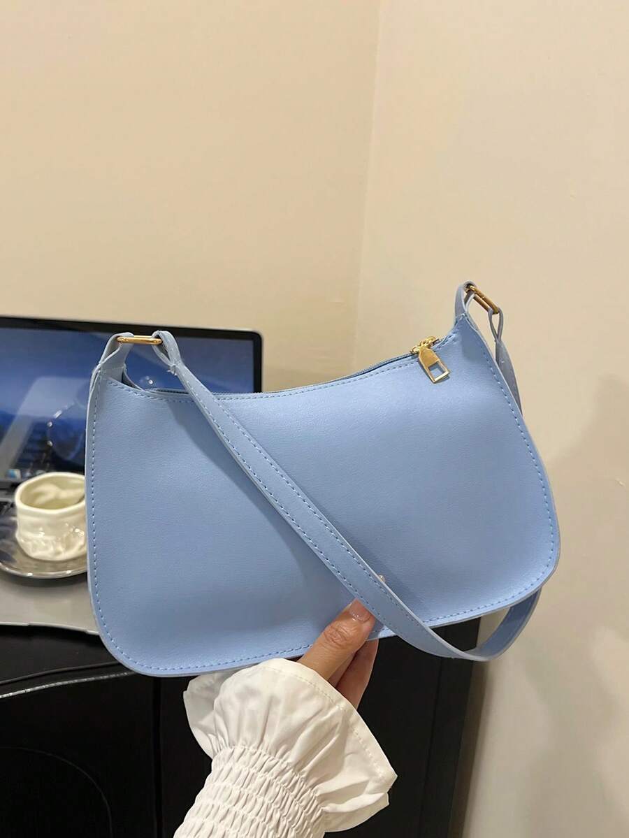 תיק כתף מינימליסטי עם רוכסן בצבע אחיד, תיק אופנתי בצורת סהר, תיק כתף עם רוכסן ארנק דמוי עור בצבע אחיד נרתיק הלבשה תחתונה בורדו, מתנה אידיאלית לשנה החדשה נרתיק הלבשה תחתונה אופנתי בצבע בורדו - כחול - ראה 1