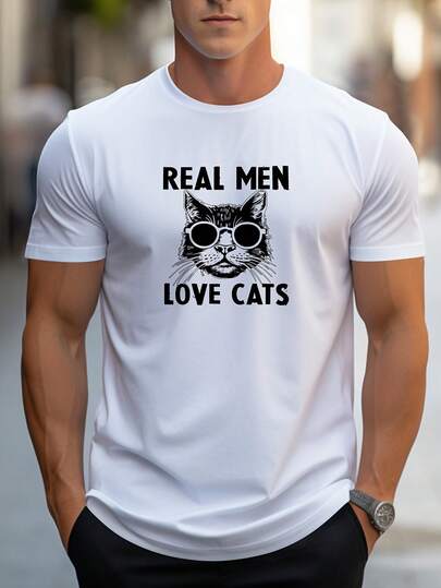 Camiseta Casual para Amantes de Gatos MBDMBD - Camiseta Roja de Manga Corta con Cuello Redondo y Estampado de Tabby Blanco y Negro y Eslogan "Los Hombres Reales Aman a los Gatos", Regalo Divertido para Dueños, Ajuste de Verano