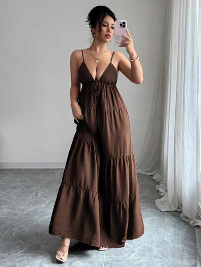 LilyHouse Women's Long Dress, Elegant & Fashionable, Beach Vacation Style, V-Neck Spaghetti Strap With Flowy Dress Design, Suitable For Daily Dates, Beach Vacation, Festivals, Weddings, Elegant Parties, Graduation Ceremonies And Other Occasions Party Summer