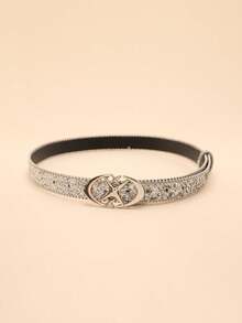 1pc Women's Silver Color PU Material Double Half Moon & Star Buckle Personalized Waist Belt - Silver - View 2