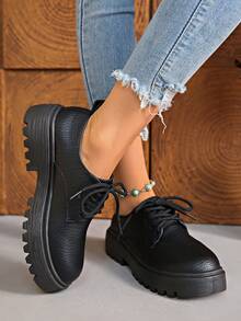 时尚玛丽珍女鞋，黑色系带厚底休闲皮鞋，春秋新品 - 黑色 - 查看 5