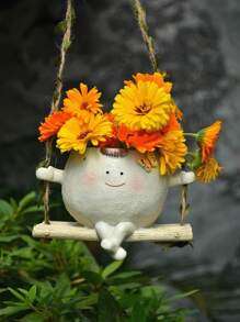 1 pièce Pot de fleurs à tête souriante et brillante avec balancier, petit pot suspendu pour plantes d'intérieur et d'extérieur, joli pot de fleurs suspendu pour plante à perles, pot de résine pour succulentes heureux