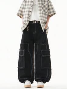 1 quần Jeans Baggy nhiều túi Justice Brother Workwear, Quần ống rộng phong cách Mỹ Hip Hop High Street, Quần ống rộng đa năng cho nam - màu đen - Xem 4